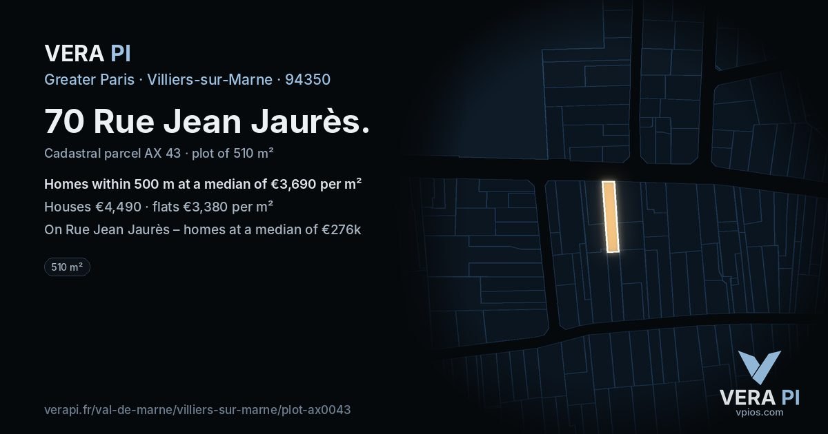 70 Rue Jean Jaurès, Villiers-sur-Marne at night – the plot lit, the parcels around coloured by the prices near them