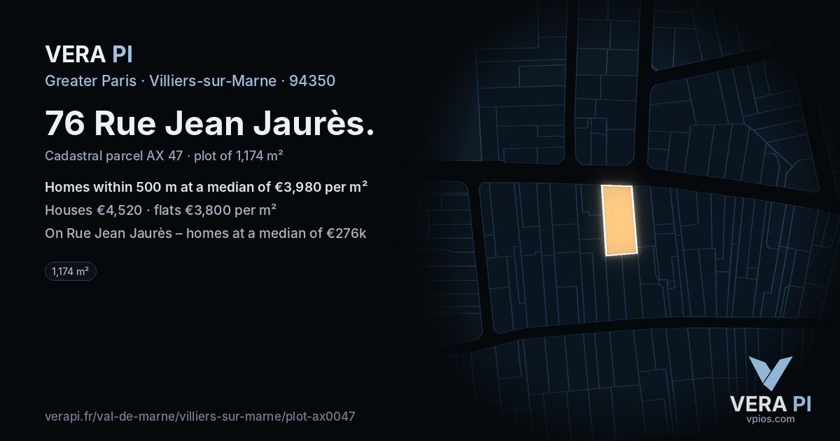 76 Rue Jean Jaurès, Villiers-sur-Marne at night – the plot lit, the parcels around coloured by the prices near them
