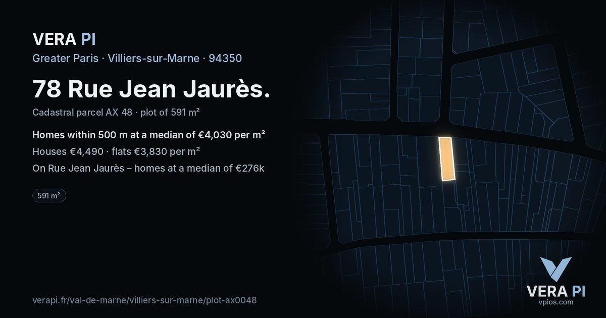 78 Rue Jean Jaurès, Villiers-sur-Marne at night – the plot lit, the parcels around coloured by the prices near them