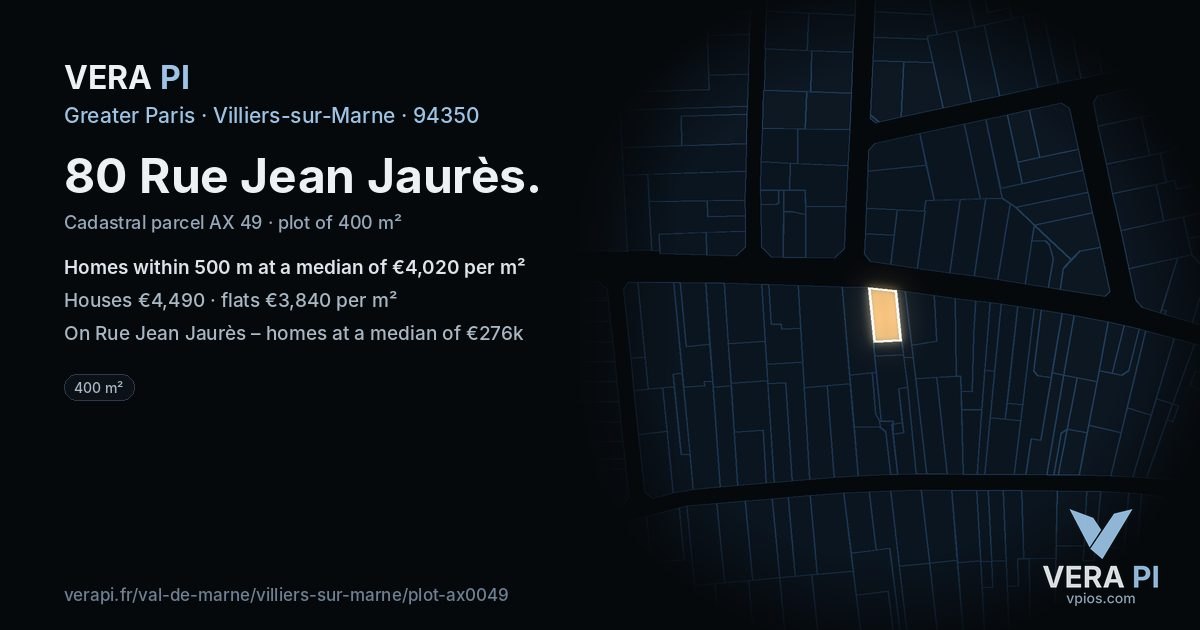 80 Rue Jean Jaurès, Villiers-sur-Marne at night – the plot lit, the parcels around coloured by the prices near them