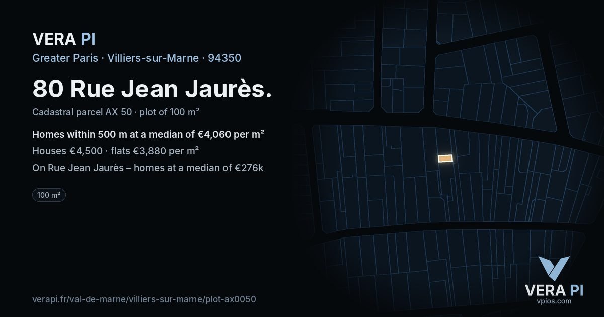 80 Rue Jean Jaurès, Villiers-sur-Marne at night – the plot lit, the parcels around coloured by the prices near them
