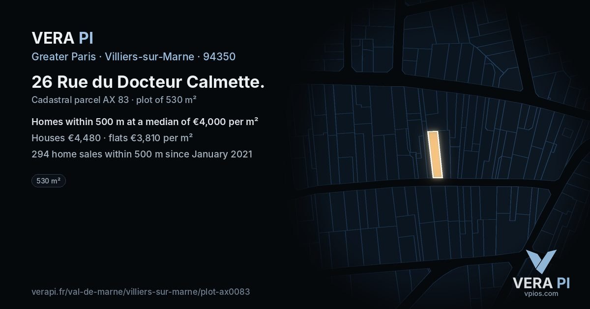 26 Rue du Docteur Calmette, Villiers-sur-Marne at night – the plot lit, the parcels around coloured by the prices near them