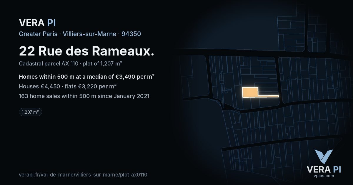 22 Rue des Rameaux, Villiers-sur-Marne at night – the plot lit, the parcels around coloured by the prices near them