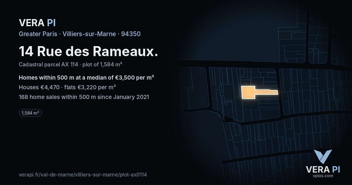 14 Rue des Rameaux, Villiers-sur-Marne at night – the plot lit, the parcels around coloured by the prices near them