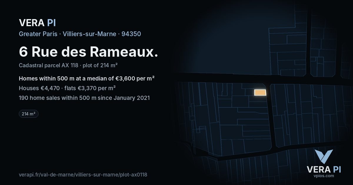 6 Rue des Rameaux, Villiers-sur-Marne at night – the plot lit, the parcels around coloured by the prices near them