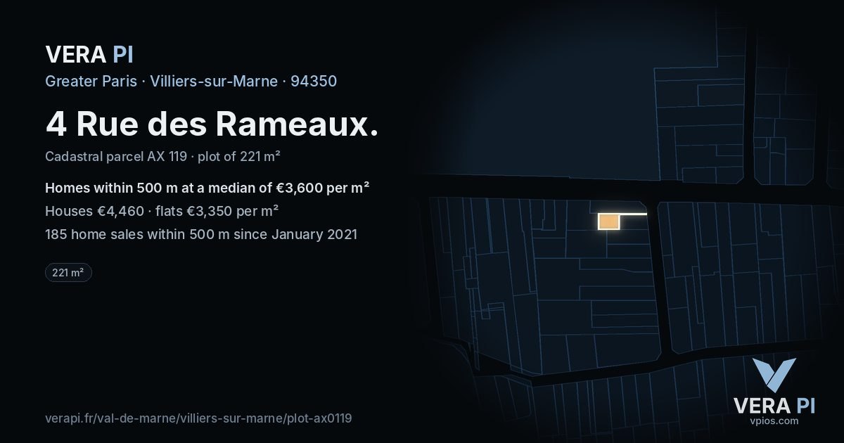 4 Rue des Rameaux, Villiers-sur-Marne at night – the plot lit, the parcels around coloured by the prices near them