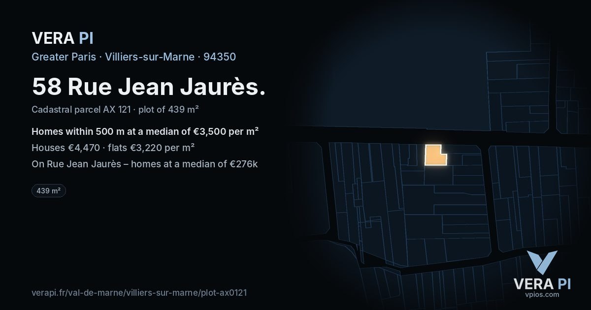 58 Rue Jean Jaurès, Villiers-sur-Marne at night – the plot lit, the parcels around coloured by the prices near them