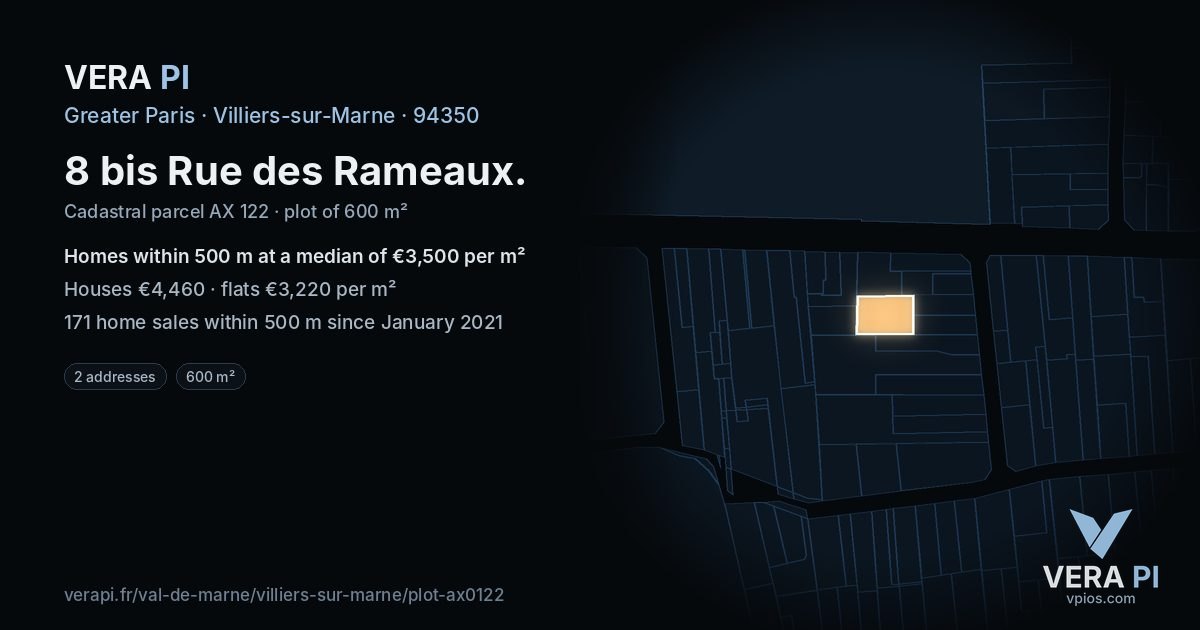 8 bis Rue des Rameaux, Villiers-sur-Marne at night – the plot lit, the parcels around coloured by the prices near them