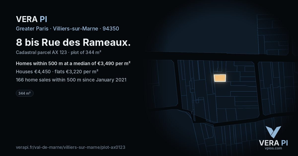 8 bis Rue des Rameaux, Villiers-sur-Marne at night – the plot lit, the parcels around coloured by the prices near them