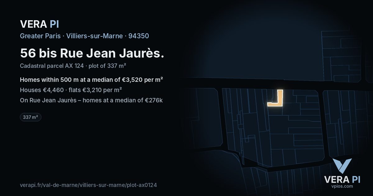56 bis Rue Jean Jaurès, Villiers-sur-Marne at night – the plot lit, the parcels around coloured by the prices near them