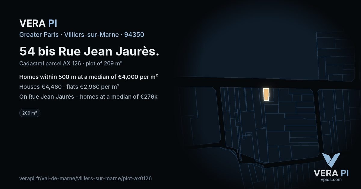 54 bis Rue Jean Jaurès, Villiers-sur-Marne at night – the plot lit, the parcels around coloured by the prices near them