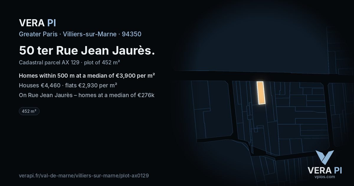 50 ter Rue Jean Jaurès, Villiers-sur-Marne at night – the plot lit, the parcels around coloured by the prices near them