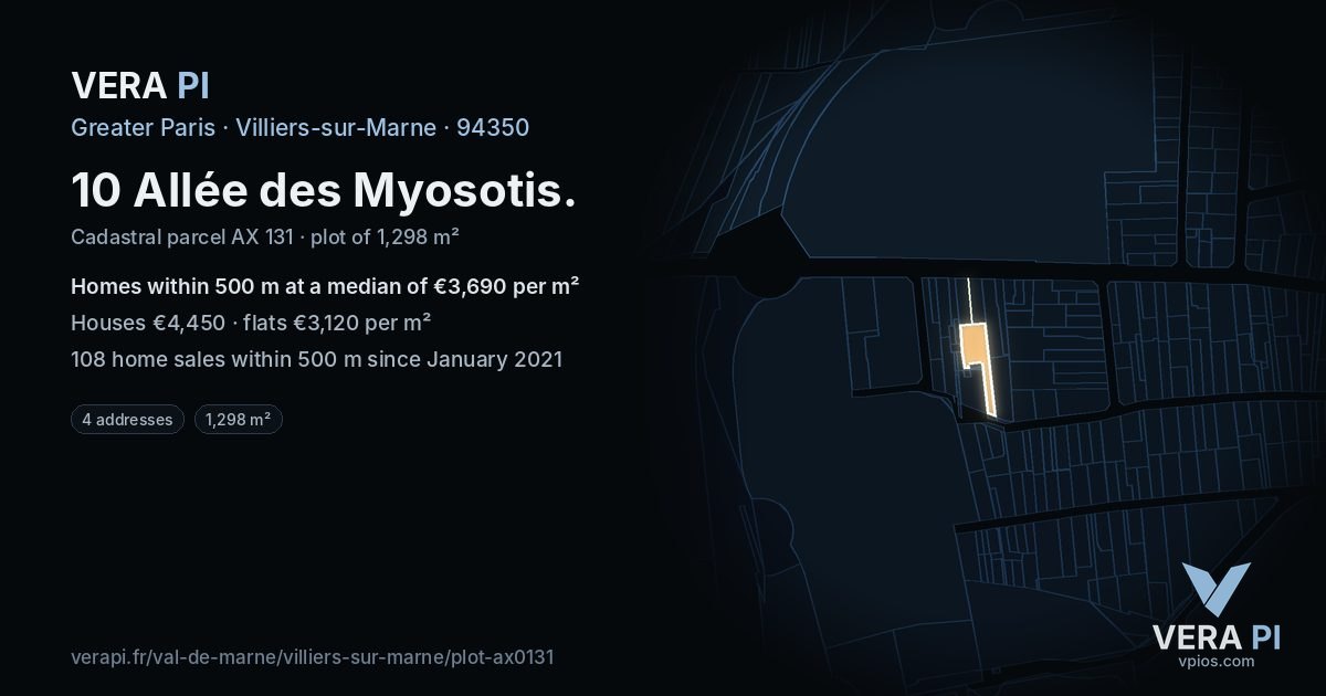 10 Allée des Myosotis, Villiers-sur-Marne at night – the plot lit, the parcels around coloured by the prices near them