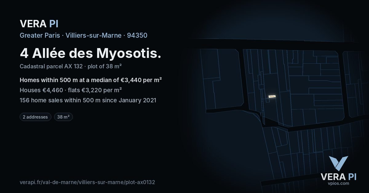 4 Allée des Myosotis, Villiers-sur-Marne at night – the plot lit, the parcels around coloured by the prices near them