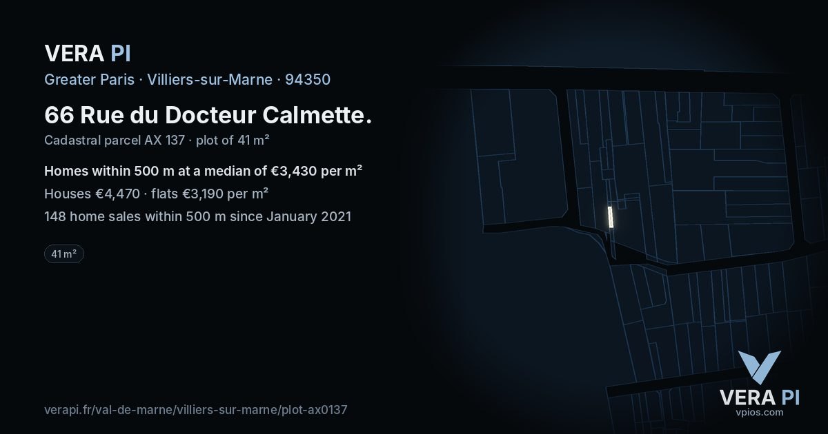 66 Rue du Docteur Calmette, Villiers-sur-Marne at night – the plot lit, the parcels around coloured by the prices near them