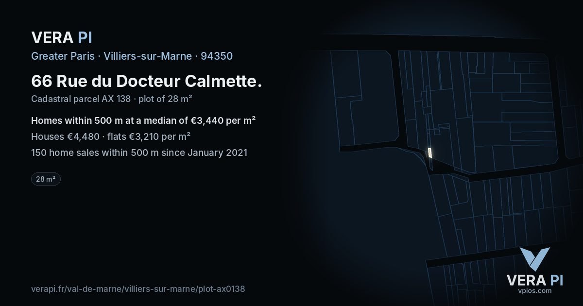 66 Rue du Docteur Calmette, Villiers-sur-Marne at night – the plot lit, the parcels around coloured by the prices near them