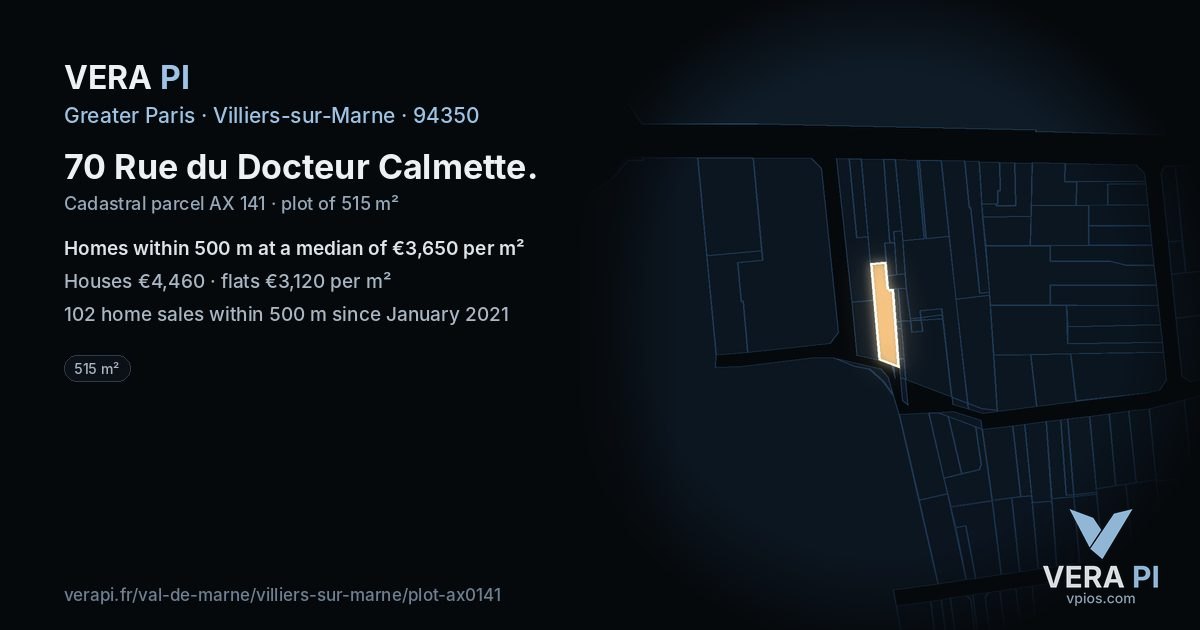 70 Rue du Docteur Calmette, Villiers-sur-Marne at night – the plot lit, the parcels around coloured by the prices near them