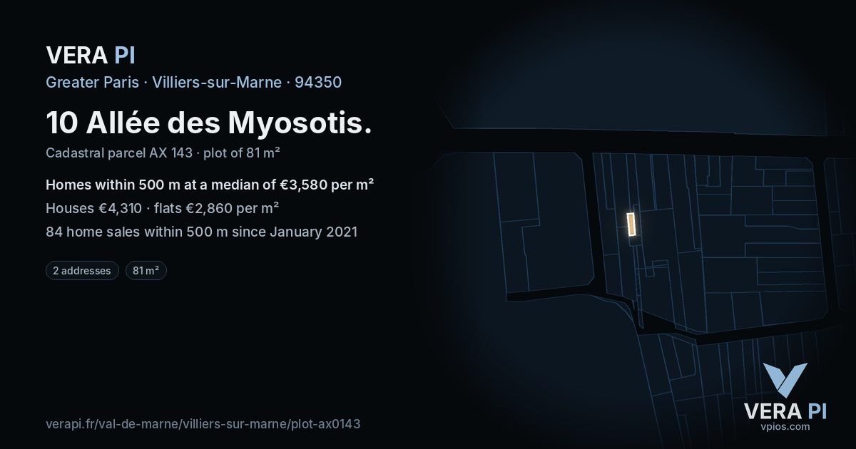 10 Allée des Myosotis, Villiers-sur-Marne at night – the plot lit, the parcels around coloured by the prices near them