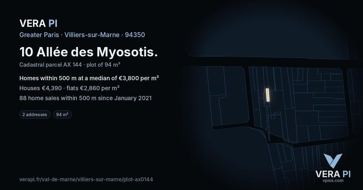 10 Allée des Myosotis, Villiers-sur-Marne at night – the plot lit, the parcels around coloured by the prices near them