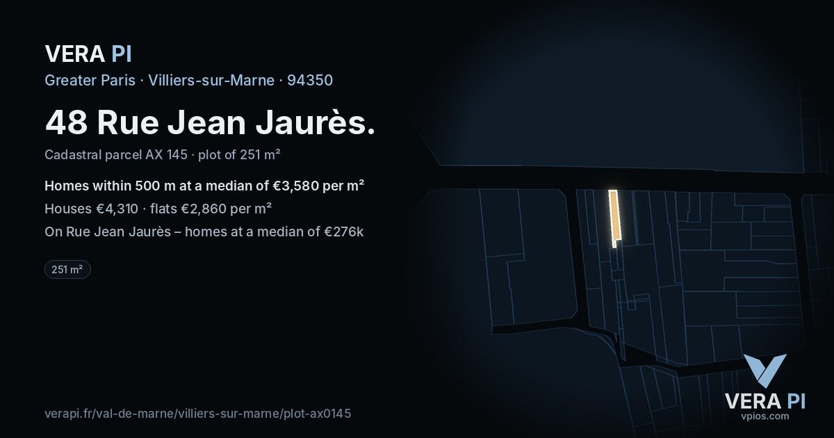 48 Rue Jean Jaurès, Villiers-sur-Marne at night – the plot lit, the parcels around coloured by the prices near them