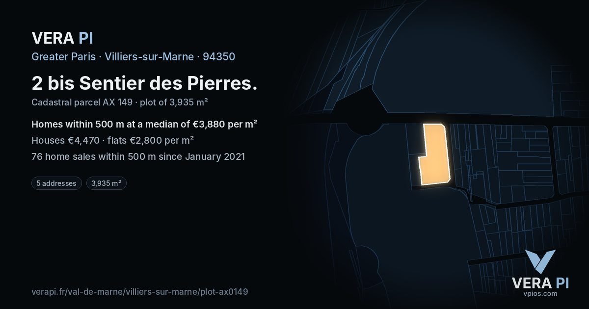2 bis Sentier des Pierres, Villiers-sur-Marne at night – the plot lit, the parcels around coloured by the prices near them