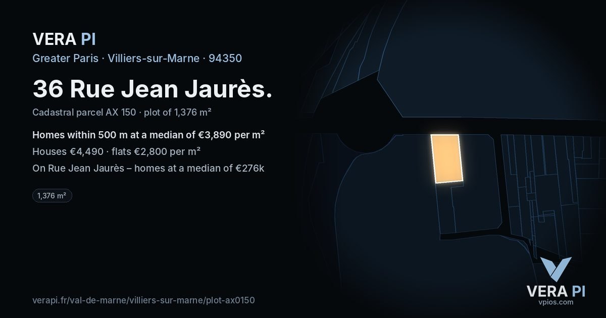 36 Rue Jean Jaurès, Villiers-sur-Marne at night – the plot lit, the parcels around coloured by the prices near them
