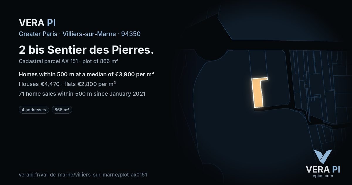 2 bis Sentier des Pierres, Villiers-sur-Marne at night – the plot lit, the parcels around coloured by the prices near them