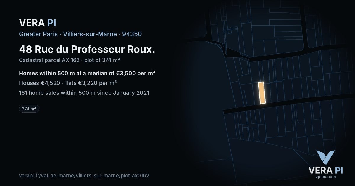 48 Rue du Professeur Roux, Villiers-sur-Marne at night – the plot lit, the parcels around coloured by the prices near them