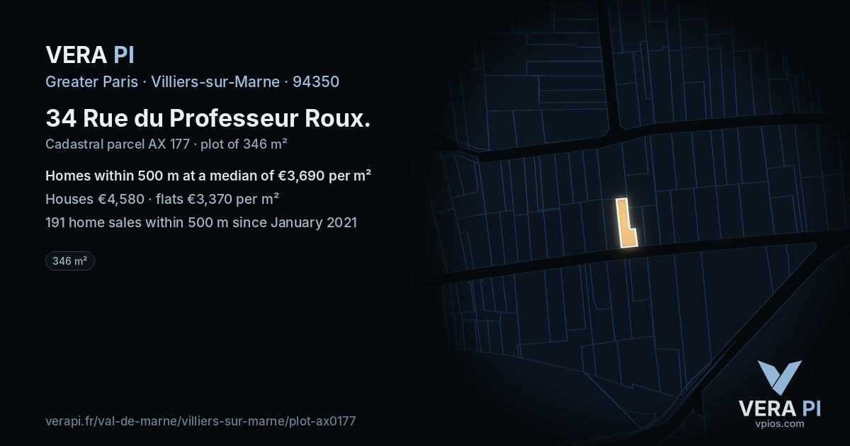 34 Rue du Professeur Roux, Villiers-sur-Marne at night – the plot lit, the parcels around coloured by the prices near them
