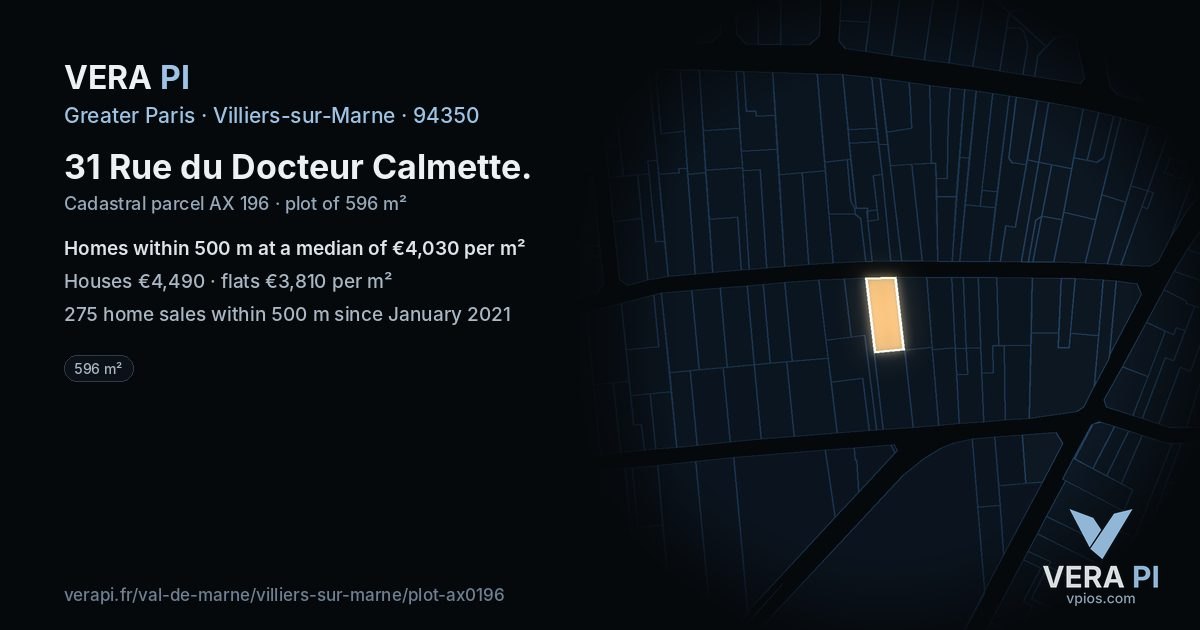 31 Rue du Docteur Calmette, Villiers-sur-Marne at night – the plot lit, the parcels around coloured by the prices near them