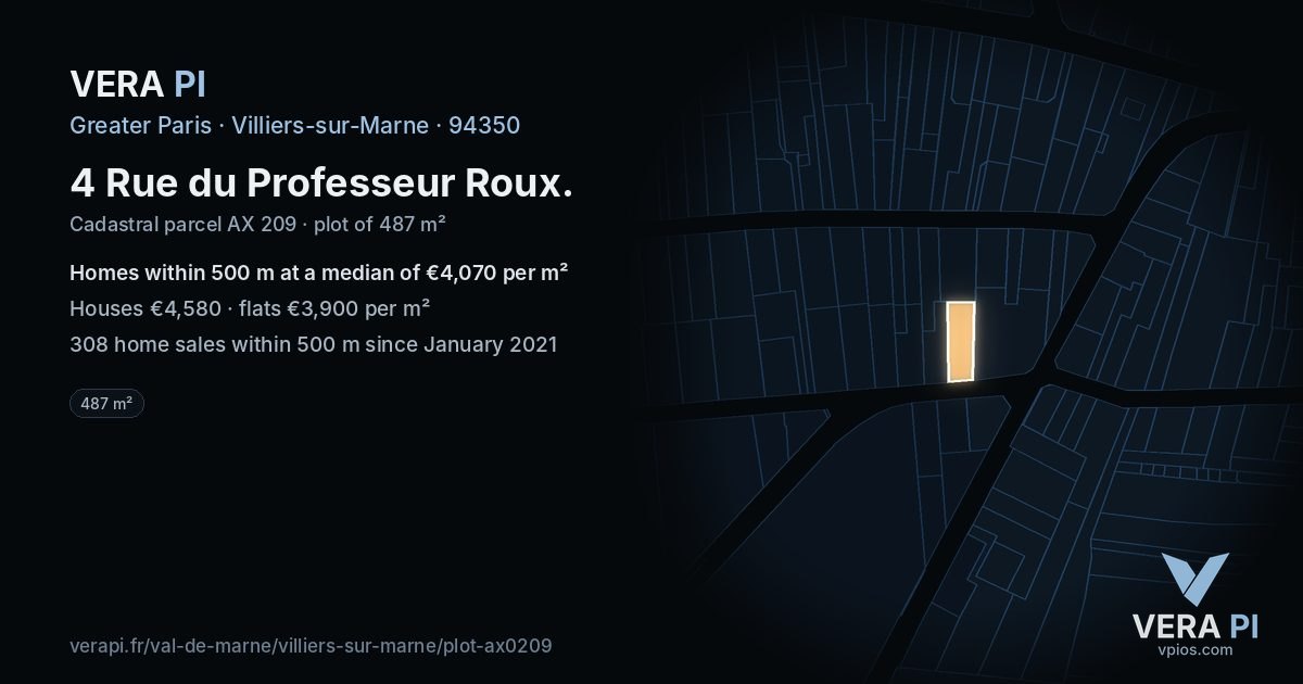 4 Rue du Professeur Roux, Villiers-sur-Marne at night – the plot lit, the parcels around coloured by the prices near them