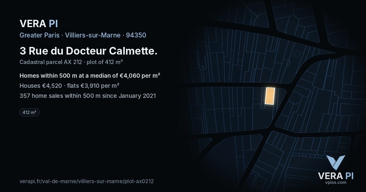3 Rue du Docteur Calmette, Villiers-sur-Marne at night – the plot lit, the parcels around coloured by the prices near them