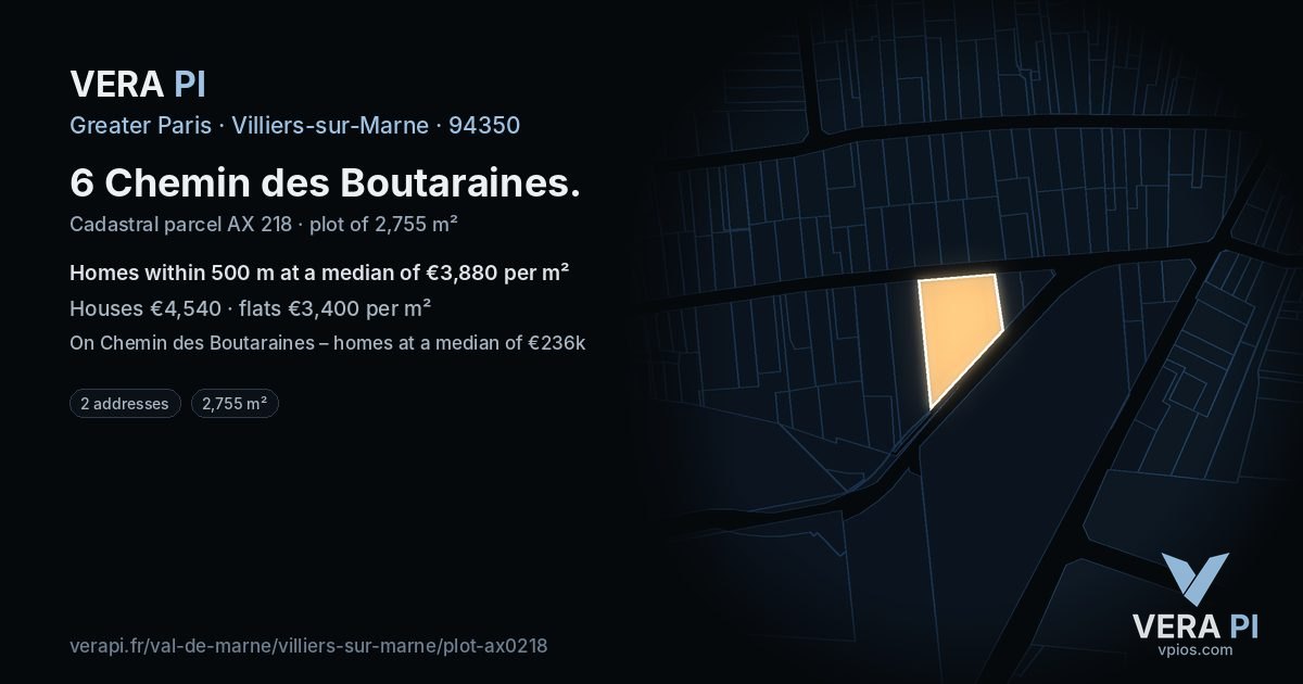 6 Chemin des Boutaraines, Villiers-sur-Marne at night – the plot lit, the parcels around coloured by the prices near them