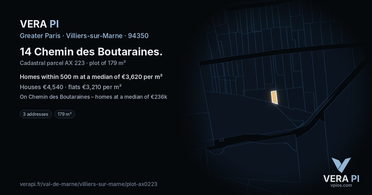 14 Chemin des Boutaraines, Villiers-sur-Marne at night – the plot lit, the parcels around coloured by the prices near them