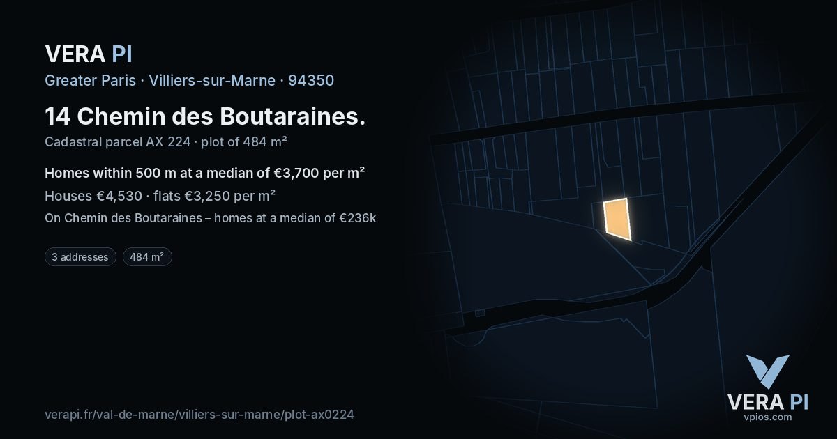 14 Chemin des Boutaraines, Villiers-sur-Marne at night – the plot lit, the parcels around coloured by the prices near them