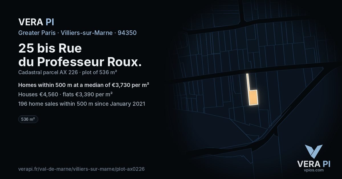25 bis Rue du Professeur Roux, Villiers-sur-Marne at night – the plot lit, the parcels around coloured by the prices near them