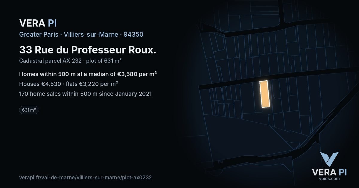 33 Rue du Professeur Roux, Villiers-sur-Marne at night – the plot lit, the parcels around coloured by the prices near them
