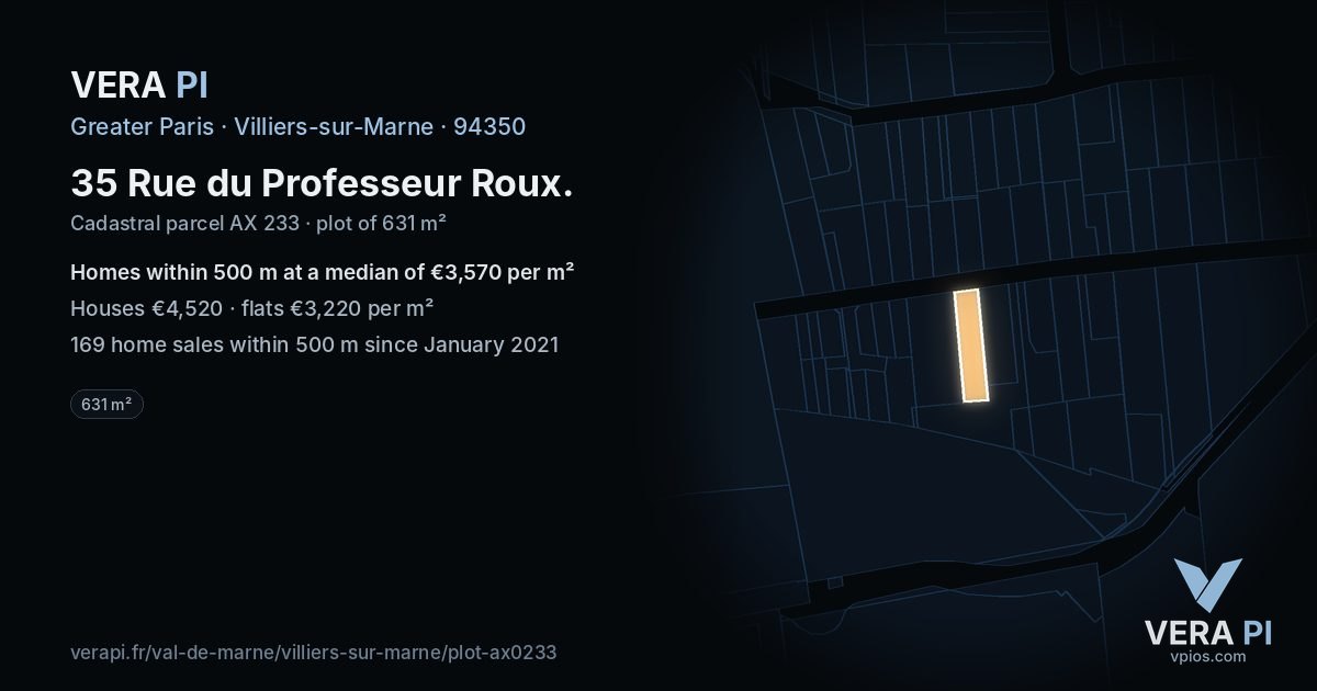 35 Rue du Professeur Roux, Villiers-sur-Marne at night – the plot lit, the parcels around coloured by the prices near them