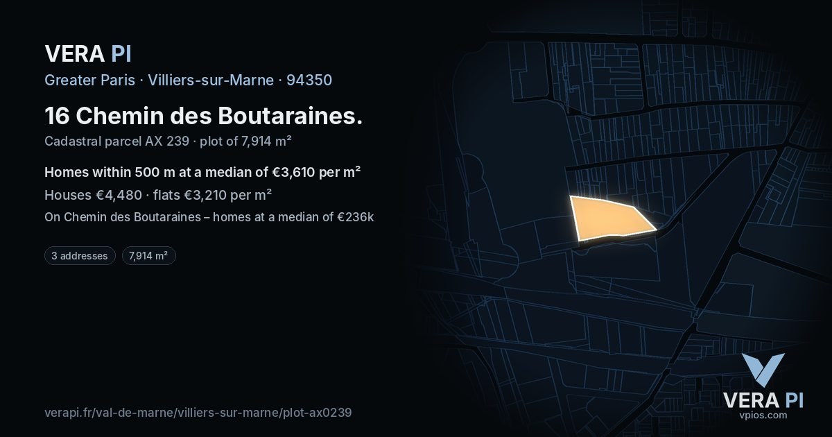 16 Chemin des Boutaraines, Villiers-sur-Marne at night – the plot lit, the parcels around coloured by the prices near them