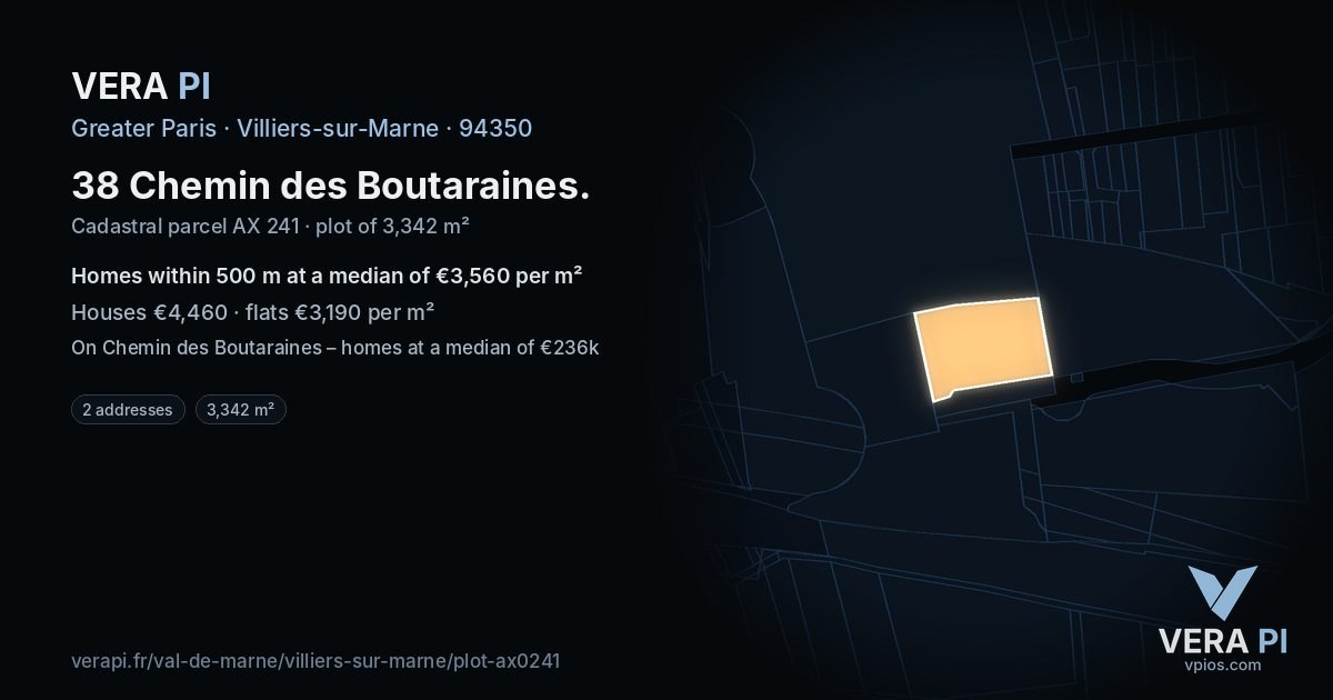 38 Chemin des Boutaraines, Villiers-sur-Marne at night – the plot lit, the parcels around coloured by the prices near them