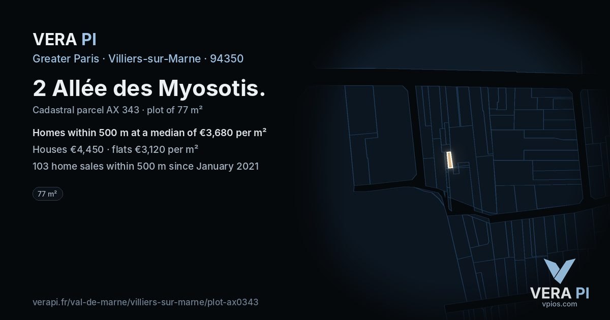 2 Allée des Myosotis, Villiers-sur-Marne at night – the plot lit, the parcels around coloured by the prices near them