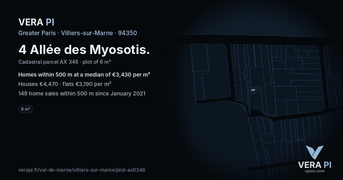 4 Allée des Myosotis, Villiers-sur-Marne at night – the plot lit, the parcels around coloured by the prices near them