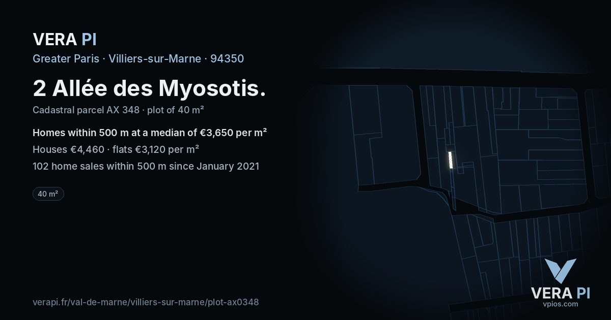 2 Allée des Myosotis, Villiers-sur-Marne at night – the plot lit, the parcels around coloured by the prices near them