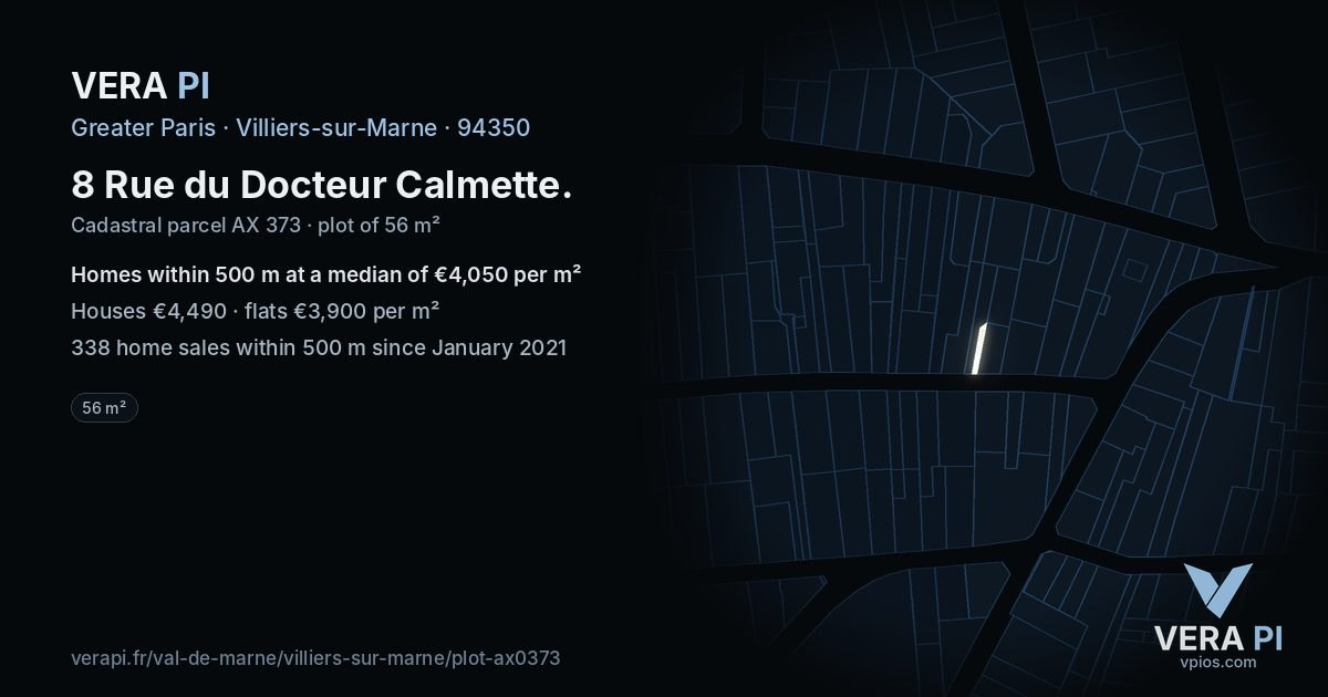 8 Rue du Docteur Calmette, Villiers-sur-Marne at night – the plot lit, the parcels around coloured by the prices near them