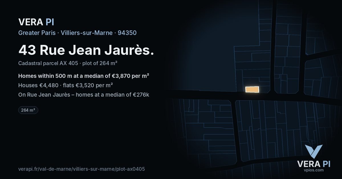 43 Rue Jean Jaurès, Villiers-sur-Marne at night – the plot lit, the parcels around coloured by the prices near them