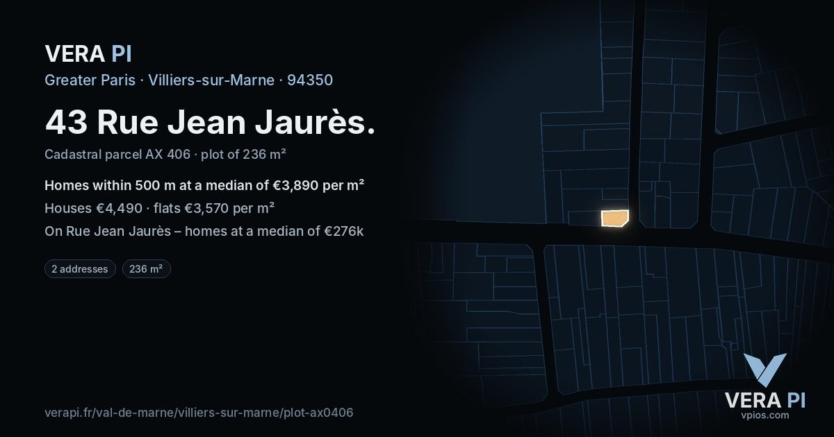 43 Rue Jean Jaurès, Villiers-sur-Marne at night – the plot lit, the parcels around coloured by the prices near them