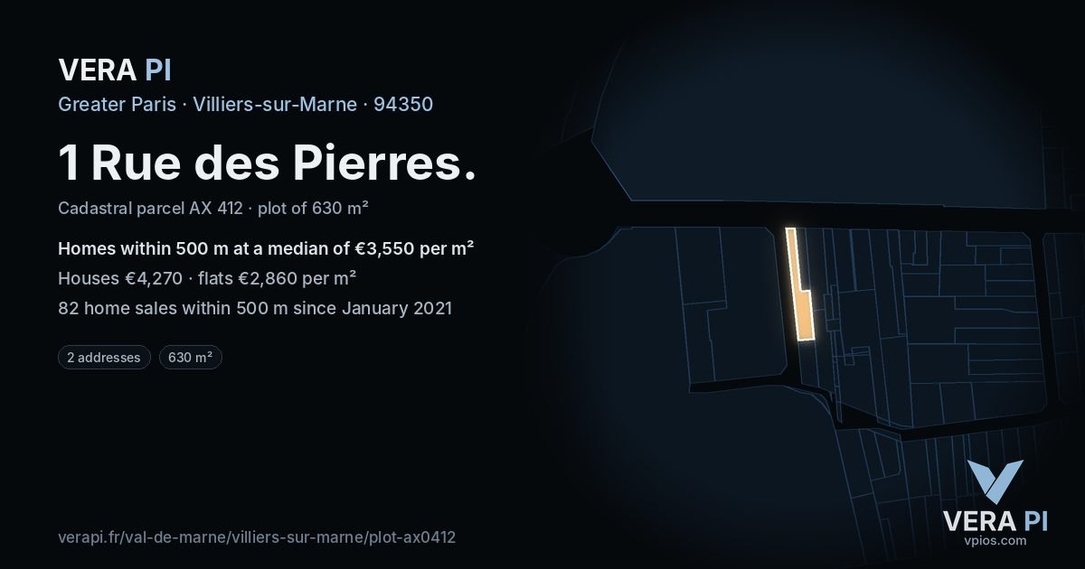 1 Rue des Pierres, Villiers-sur-Marne at night – the plot lit, the parcels around coloured by the prices near them