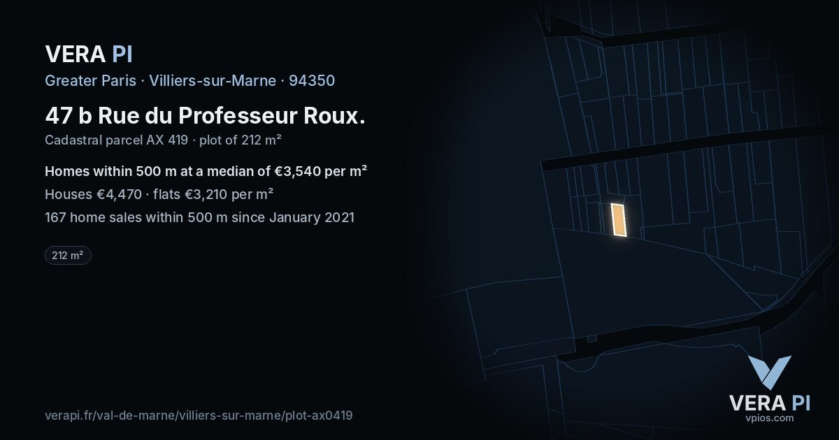 47 b Rue du Professeur Roux, Villiers-sur-Marne at night – the plot lit, the parcels around coloured by the prices near them