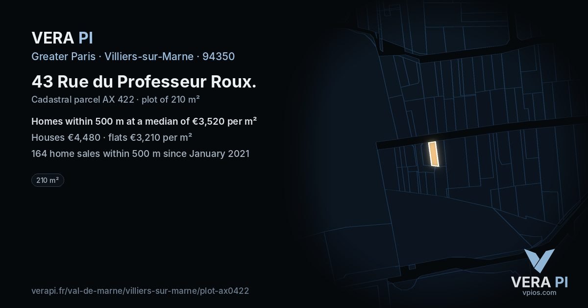 43 Rue du Professeur Roux, Villiers-sur-Marne at night – the plot lit, the parcels around coloured by the prices near them