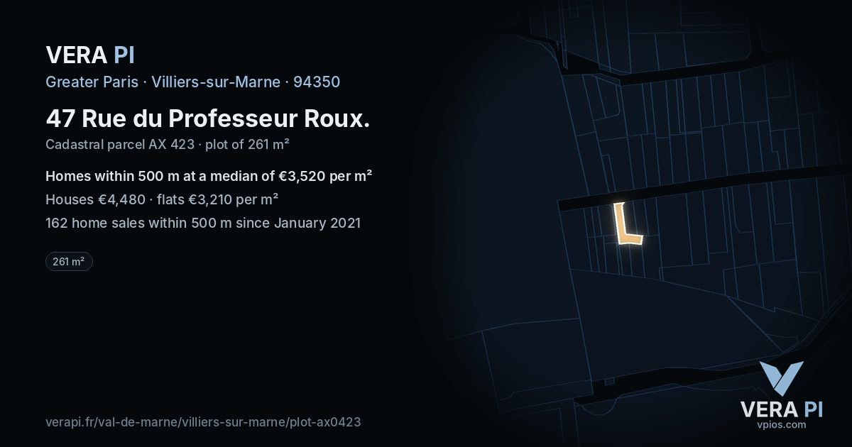 47 Rue du Professeur Roux, Villiers-sur-Marne at night – the plot lit, the parcels around coloured by the prices near them